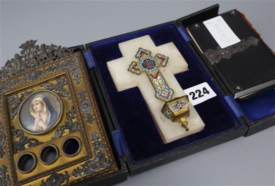 A cloisonne crucifix, a miniature of Madonna and a bible